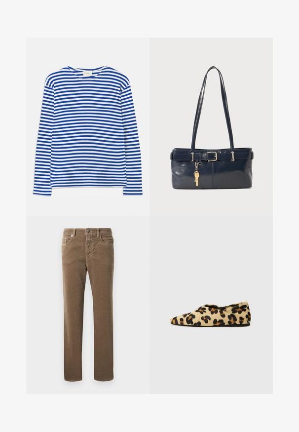 Chemise à manches longues avec des rayures horizontales bleues et blanches, col rond, et étiquette "CLOSED" au niveau du col, posée à plat sur un fond blanc.; Pantalons en velours côtelé marron à jambe droite avec poches avant, passants de ceinture et fermeture à bouton sur fond blanc.; Chaussures plates en imprimé léopard en fausse fourrure douce, avec un design à bout pointu et un profil bas. Teintes naturelles avec des accents noirs.; Sac à main en cuir bleu marine avec deux longues poignées, un détail de boucle et un porte-clés accroché. Il présente une texture lisse et une forme rectangulaire.