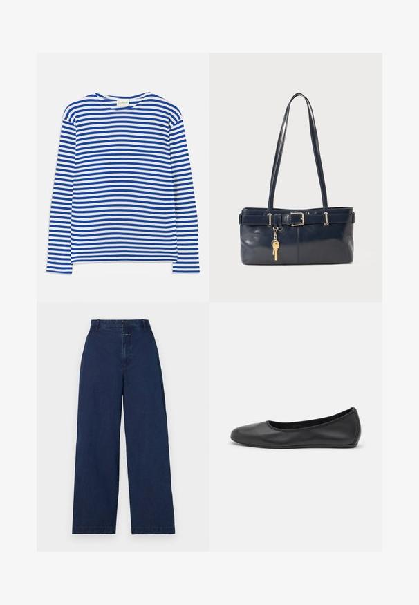 Long-sleeve shirt with blue and white horizontal stripes, crew neck, and "CLOSED" label at collar, laid flat on white background.; Wide-leg, dark navy denim pants with a high waist, featuring a front button closure and side pockets. Soft texture with minimal detailing.; Black leather ballet flat with a rounded toe, smooth texture, minimal stitching detail, and a flexible sole design.; Navy leather handbag with two long handles, a buckle detail, and a keychain attached. Features a smooth texture and a rectangular shape.