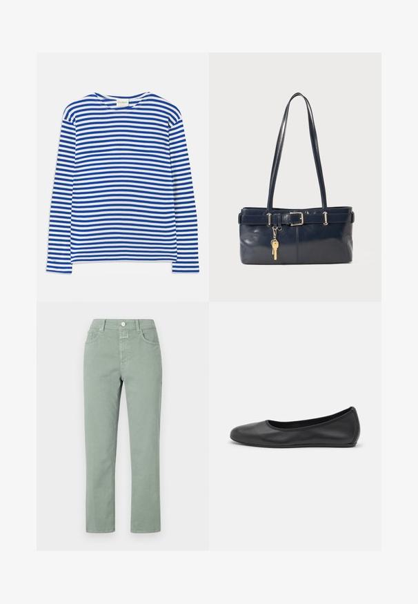 Dlhý rukáv, košeľa s modro-bielymi horizontálnymi pruhmi, okrúhly výstrih a štítok "CLOSED" na golieri, položená na bielom pozadí.; Svetlozelené bavlnené nohavice so strihom rovného nohu, ktoré majú predné vrecká, zapínanie na gombík a jemné švy.; Čierne kožené baleríny s okrúhlou špičkou, hladkým povrchom, minimálnym prešívaním a flexibilným dizajnom podrážky.; Námornícka kožená kabelka s dvoma dlhými uchami, detailom s prackou a pripojeným kľúčovým držiakom. Má hladkú textúru a obdĺžnikový tvar.