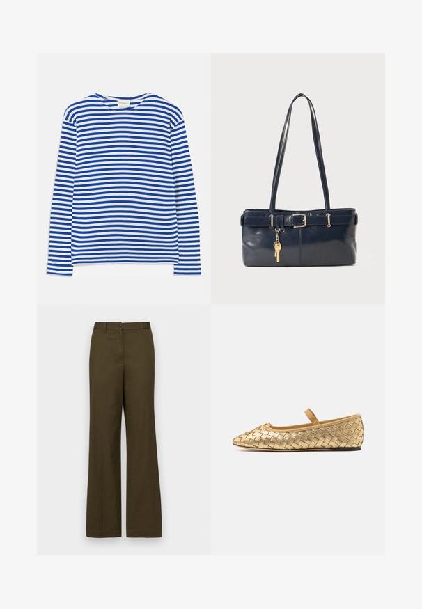Chemise à manches longues avec des rayures horizontales bleues et blanches, col rond, et étiquette "CLOSED" au niveau du col, posée à plat sur un fond blanc.; Pantalons larges en velours olive, fabriqués en tissu en mélange de coton. Comprend une fermeture à bouton à l'avant, des passants de ceinture et deux poches latérales.; Loeffler Randall LEONIE SOFT BALLET FLAT - Babies - gold; Sac à main en cuir bleu marine avec deux longues poignées, un détail de boucle et un porte-clés accroché. Il présente une texture lisse et une forme rectangulaire.