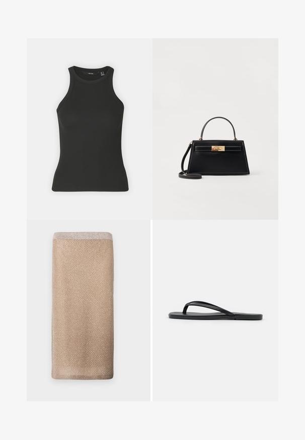 Top fără mâneci, negru, cu un guler înalt și un design cu textură riglată. Prezintă o siluetă ajustată și o textură moale.; Fular tricotat de culoare bej, cu un luciu subtil, finisaj texturat și o margine de culoare mai deschisă la partea superioară. Formă rectangulară.; Flip-flop negru cu un design minimalist, talpă plată, curele înguste și o textură netedă. Fără modele sau accente suplimentare.; Geantă de piele neagră cu o formă trapezoidală structurată, clapetă din aur, și cusături albe contrastante. Include un mâner scurt și o curea lungă.