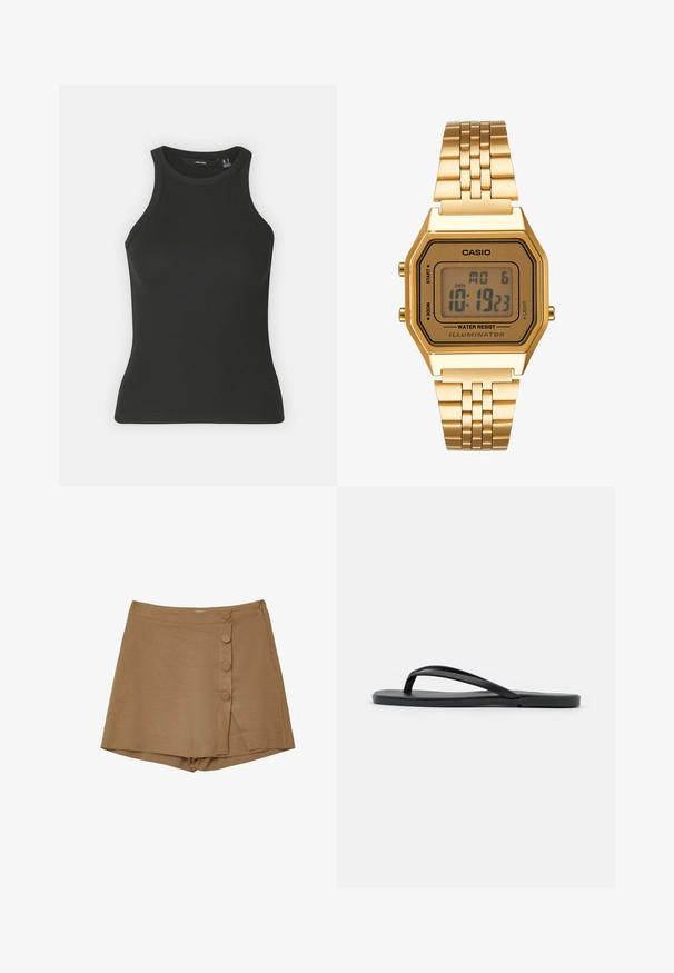 Schwarzes, geripptes Tanktop mit hochgeschlossenem Kragen und ärmellosem Design. Verfügt über eine figurbetonte Silhouette und eine weiche Textur.; Brauner Wickelrock mit vier dekorativen Knöpfen, aus einem strukturierten Stoff, einem seitlichen Schlitz und einem verstellbaren Taillenbund.; Schwarze Flip-Flops mit minimalistischem Design, flacher Sohle, schmalen Riemen und glatter Textur. Keine zusätzlichen Muster oder Akzente.; Goldene Digitaluhr mit quadratischem Ziffernblatt, LCD-Display, Edelstahlarmband und Tasten an der Seite. Verfügt über eine wasserdichte Kennzeichnung.