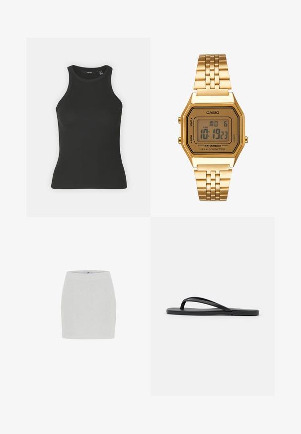 Zwarte geribde tanktop met een hoge halslijn en mouwloos ontwerp. Heeft een getailleerd silhouet en een zachte textuur.; Witte rok met een textuurpatroon en bloemen uitsneden, hoge taille ontwerp en een fitted silhouette. Schone en gladde stofafwerking.; Zwarte flip-flop met een minimalistisch ontwerp, een platte zool, smalle banden en een gladde textuur. Geen extra patronen of accenten.; Gouden digitale klok met een rechthoekige wijzerplaat, LCD-display, roestvrijstalen band en knoppen aan de zijkant. Bevat een waterdicht label.