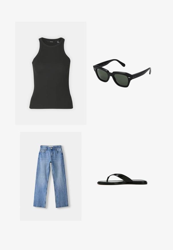Débardeur noir à côtes avec un col haut et sans manches. Présente une silhouette ajustée et une texture douce.; Jean en denim bleu clair avec une coupe droite, comportant cinq poches, une fermeture à bouton sur le devant, et un léger délavage pour ajouter de la texture.; Sandales en cuir noir à enfiler avec un design de courroie fine, semelle plate et texture lisse. Style minimaliste sans embellissements ni motifs.; Lunettes de soleil carrées noires avec des verres vert foncé, présentant des montures audacieuses et des accents argentés sur les côtés. Fabriquées en Italie.; Montre numérique dorée avec un cadran rectangulaire, écran LCD, bracelet en acier inoxydable et boutons sur le côté. Présente un label résistant à l'eau.