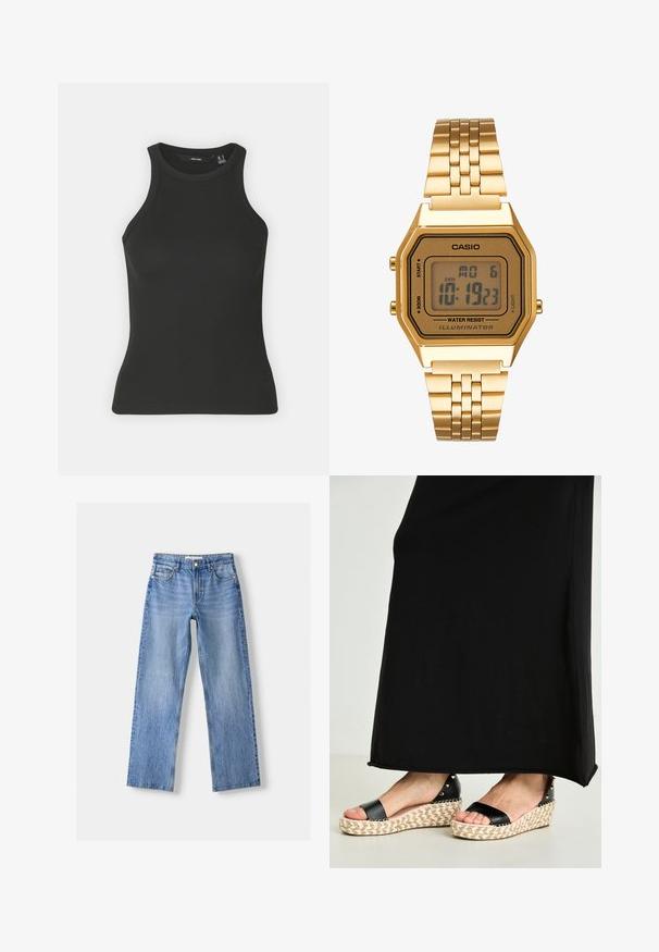 Černý žebrovaný top bez rukávů s vysokým výstřihem. Má přiléhavý střih a jemnou strukturu.; Svetle modré džínové kalhoty s rovnými nohavicemi, s pěti kapsami, předním zapínáním na knoflík a jemným opráním pro texturu.; Černé espadrilkové sandály se splétanou juty platformou a texturovanými černými pásky, zdobené kovovými hroty pro zvýraznění detailu.; Zlaté digitální hodinky s obdélníkovým ciferníkem, LCD displejem, nerezovým páskem a tlačítky na boku. Obsahují označení odolnosti proti vodě.