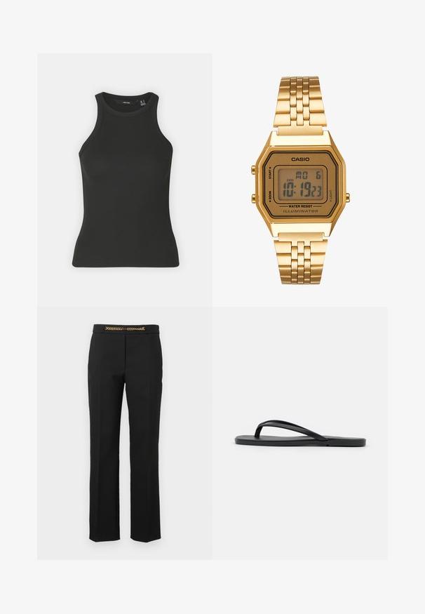 Svart ribbet tanktopp med høy hals og ermeløs design. Har en tettsittende silhuett og myk tekstur.; Svart bukser med rette ben, med en gyllen kjedeakcent i livet. Laget av glatt stoff med tilpasset passform.; Svart flip-flop med minimalistisk design, flat såle, smale stropper og en glatt tekstur. Ingen tilleggspatter eller aksenter.; Gull digital klokke med rektangulært ansikt, LCD-skjerm, rustfritt stållett, og knapper på siden. Har en vanntett etikett.