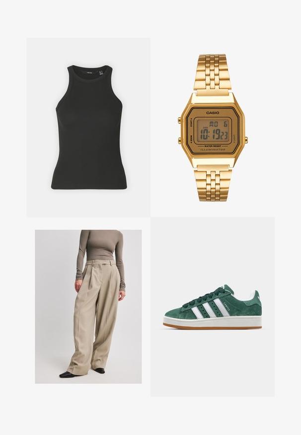 Sort ribbet tanktop med høj halsudskæring og ærmeløs design. Har en tætsiddende silhuet og blød tekstur.; NA-KD Bukser - beige; Grønne ruskinds sneakers med hvide læderstriber, gummisål, polstret krave og minimalistisk design. Har branding på siden.; Guld digitalt ur med rektangulært urglas, LCD-display, rustfrit stålarmbånd og knapper på siden. Har et vandtæt mærke.