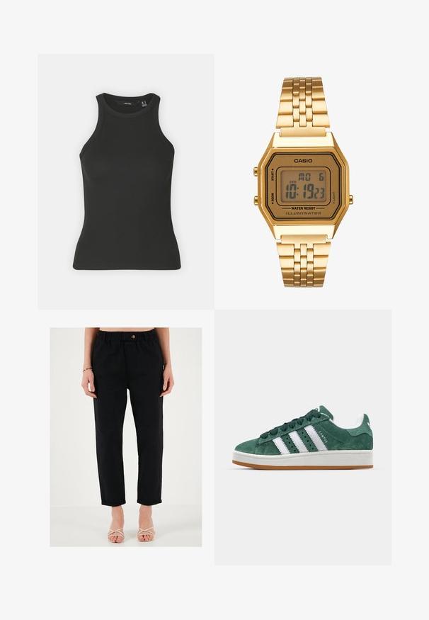 Must mustriba tank ülikond, millel on kõrge kaelus ja ilma varrukateta disain. Omab kaunist siluetti ja pehmet tekstuuri.; Mustad, laiad puuvillased püksid, millel on elastne vöökoht, nööpkinnitusega ja keeratud äärtega. Sile tekstuur ja lõdvestunud disain.; Roheline sametist tossud valgete nahkrihmadega, kummist tallaga, pehmendatud kraega ja minimalistikku disainiga. Küljel on brändi tähistus.; Kuldne digitaalkell, millel on ristkülikukujuline nägu, LCD-ekraan, roostevabast terasest rihm ja küljel nupud. Sisaldab veekindluse märgistust.