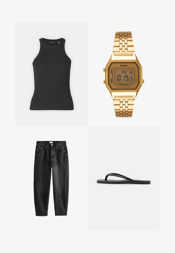 Musta ribbatun tank top, jossa on korkea pääntie ja hihaton muotoilu. Ominaisuuksiin kuuluu tiukka siluetti ja pehmeä tekstuuri.; Mustat farkut suoran istuvuuden, viiden taskun ja nappikiinnityksen kanssa. Sisältää lievää haalistumista ja ompeluyksityiskohtia. Rentoa muotoilua.; Mustat varvastossut, joissa on minimalistinen muotoilu, litteä pohja, kapeat hihnat ja sileä pinta. Ei muita kuvioita tai koristeita.; Kultainen digitaalikello, jossa on suorakulmainen näyttö, LCD-näyttö, ruostumattomasta teräksestä valmistettu ranneke ja sivuilla olevat painikkeet. Varustettu vedenkestävä etiketti.