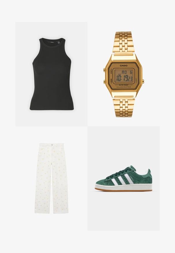 Czarny prążkowany top na ramiączkach z wysokim dekoltem i bez rękawów. Posiada dopasowany fason i miękką teksturę.; Białe szerokie spodnie dżinsowe z kwiatowym wzorem w jasnopomarańczowym kolorze, pokrywającym całość, oraz przednimi kieszeniami. Zapięcie na guziki w talii.; Zielone zamszowe trampki z białymi skórzanymi paskami, gumową podeszwą, wyściełanym kołnierzem i minimalistycznym wzornictwem. Posiadają branding z boku.; Złoty zegarek cyfrowy z prostokątną tarczą, wyświetlaczem LCD, stalową bransoletą i przyciskami po bokach. Posiada oznaczenie wodoodporności.