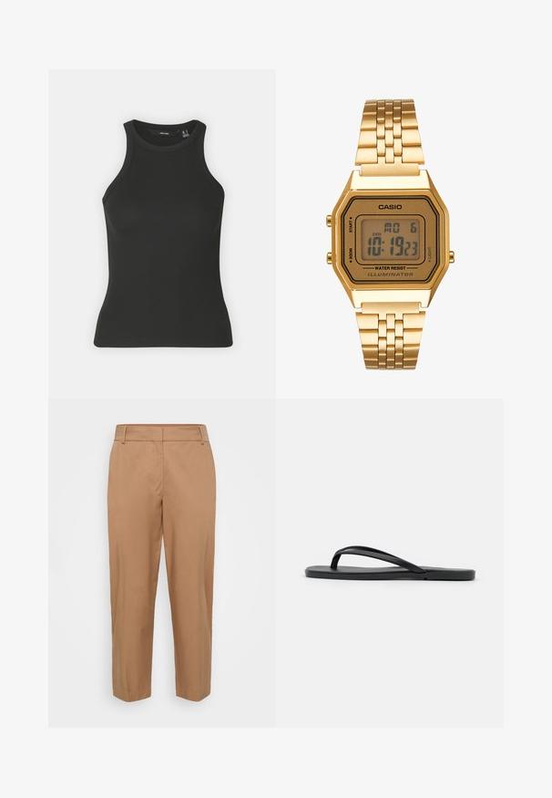 Top negro de canalé con escote alto y diseño sin mangas. Presenta una silueta ajustada y una textura suave.; Pantalones beige de tela suave, con un corte recto, bolsillos frontales en ángulo y un acabado limpio sin cierres visibles.; Chanclas negras con un diseño minimalista, suela plana, tiras estrechas y una textura suave. Sin patrones ni acentos adicionales.; Reloj digital dorado con cara rectangular, pantalla LCD, correa de acero inoxidable y botones en el lateral. Presenta una etiqueta de resistencia al agua.