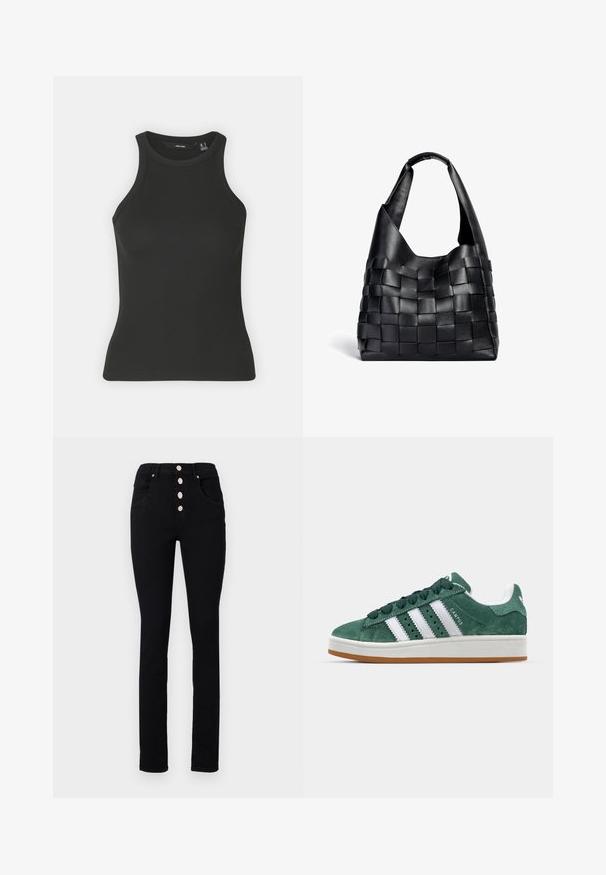 Black ribbed tank top with a high neckline and sleeveless design. Features a fitted silhouette and soft texture.; Black high-waisted jeans with a slim fit, featuring five silver snap buttons, and front pockets. Smooth denim texture without patterns.; Green suede sneaker with white leather stripes, rubber sole, padded collar, and minimalistic design. Features branding on the side.; Black leather woven tote bag with a slouchy shape and wide shoulder strap. Features a textured, interlaced design with a smooth finish.