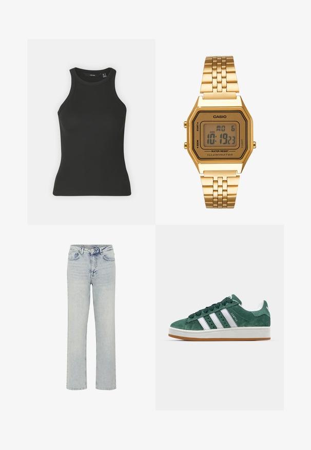 Juodas įrengtas marškinėliai su aukštu apykaklės iškirpimu ir be rankovių dizainu. Pasižymi prisitaikančiu siluetu ir švelnia tekstūra.; My Essential Wardrobe 35 THE LOUIS 139 HIGH WIDE Y - Tiesaus kirpimo džinsai - light blue dirty wash; Žalios zomšinės sportinės bateliai su baltomis odinėmis juostelėmis, guminėmis padangomis, paminkštintu kraštu ir minimalistiniu dizainu. Ant šono yra ženklas.; Auksinis skaitmeninis laikrodis su stačiakampiu ciferblatu, LCD ekranu, nerūdijančio plieno apyranke ir šoninėmis mygtukais. Yra nurodytas vandeniui atsparus ženklas.