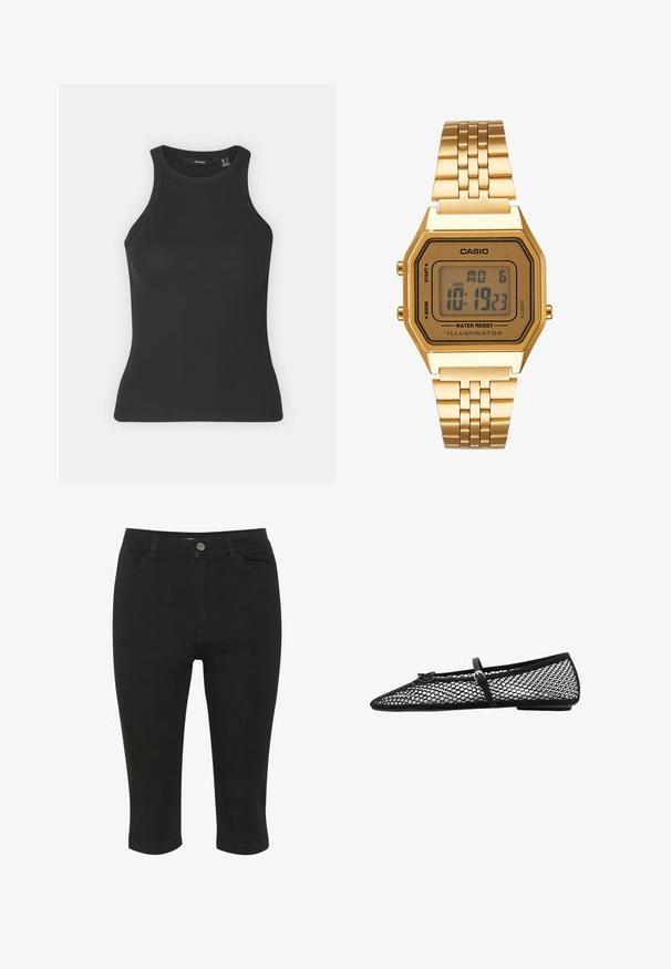 Črni rebrasti top brez rokavov z visokim ovratnikom. Ima prilegajočo silhueto in nežen otip.; Črne denimske capri hlače z oprijetim krojem, sprednjimi žepi in zaklepanjem na en gumb, imajo gladko teksturo in dolžino do gležnjev.; Črne mrežaste balerinke s konično oblikovanim prstom, okrasno zanko in subtilnim poudarkom. Imajo odprt mrežni dizajn in ravno podplat.; Zlata digitalna ura s pravokotnim okvirjem, LCD zaslonom, jeklenim pasom in gumbi na strani. Ima oznako o vodoodpornosti.