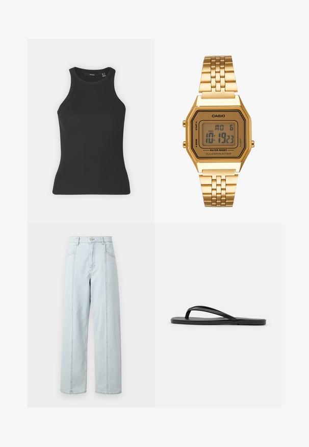 Juodas įrengtas marškinėliai su aukštu apykaklės iškirpimu ir be rankovių dizainu. Pasižymi prisitaikančiu siluetu ir švelnia tekstūra.; Šviesiai mėlyni džinsiniai platūs džinsai su aukšta liemene, turintys dvi priekinės kišenes, tiesias siūles ir matomas siuvimo detales.; Juodi šlepetės su minimalistiniu dizainu, plokščiu padu, siaurais dirželiais ir lygiu paviršiumi. Be papildomų raštų ar akcentų.; Auksinis skaitmeninis laikrodis su stačiakampiu ciferblatu, LCD ekranu, nerūdijančio plieno apyranke ir šoninėmis mygtukais. Yra nurodytas vandeniui atsparus ženklas.