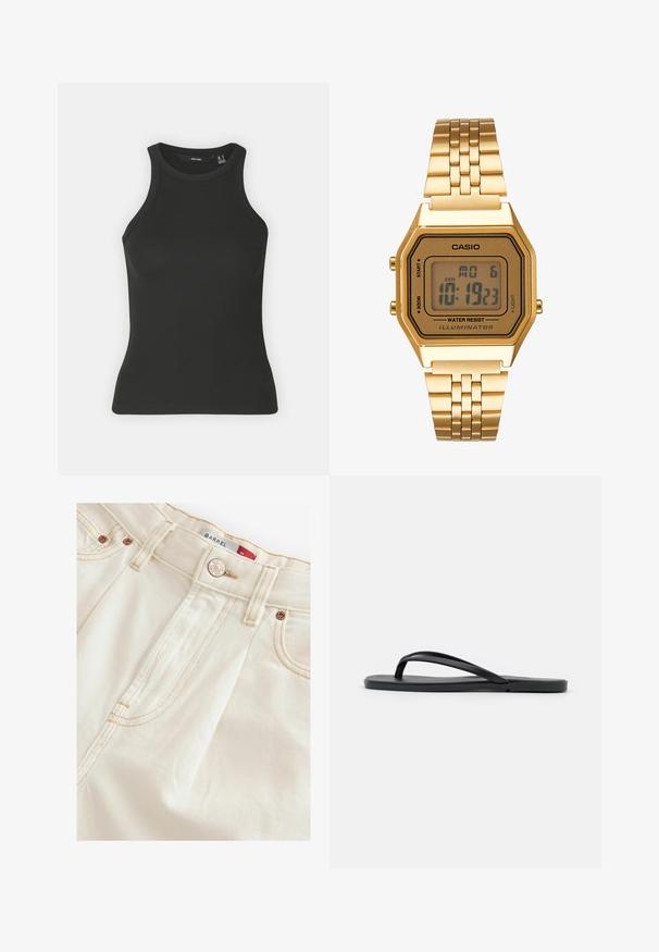 Svart ribbad linne med hög krage och utan ärmar. Har en figurnära siluett och mjuk textur.; Kampanjfärgade denimjeans i en rak passform, med koppardetaljer, ton-i-ton sömnad och synliga sid sömmar för struktur.; Svart flip-flop med en minimalistisk design, platt sula, smala remmar och en slät yta. Inga ytterligare mönster eller detaljer.; Guld digital klocka med rektangulärt urtavla, LCD-display, armband i rostfritt stål och knappar på sidan. Har en vattenresistent märkning.