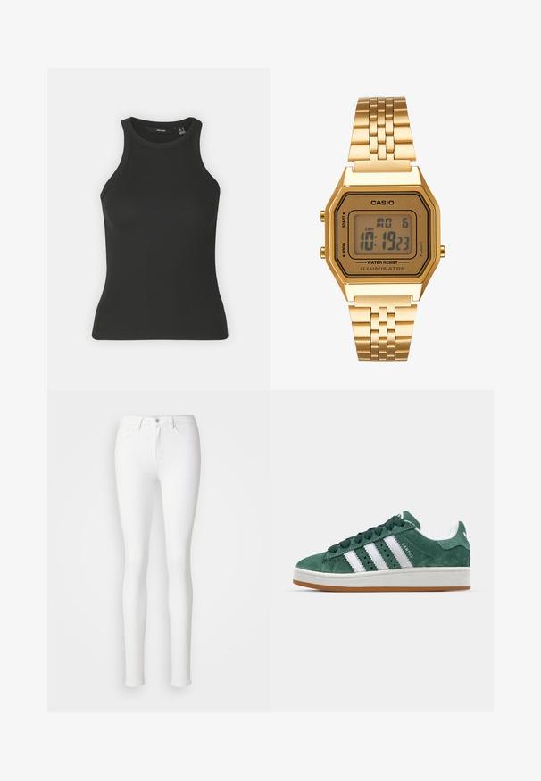 Top fără mâneci, negru, cu un guler înalt și un design cu textură riglată. Prezintă o siluetă ajustată și o textură moale.; Blugi albi, skinny, realizați dintr-un material elastic din bumbac, cu buzunare frontale, fermoar și un singur nasture pentru închidere.; Tenis verde din suede cu dungi albe din piele, talpă din cauciuc, guler căptușit și design minimalistic. Prezintă branding pe lateral.; Ceas digital auriu cu un cadran dreptunghiular, ecran LCD, bratara din otel inoxidabil si butoane pe lateral. Are eticheta de rezistenta la apa.