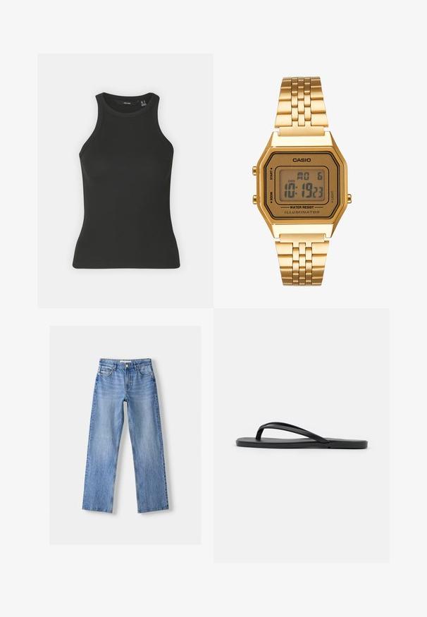 Svart ribbad linne med hög krage och utan ärmar. Har en figurnära siluett och mjuk textur.; Ljust blå denimjeans med rak bendesign, som har fem fickor, knappstängning fram och subtila blekningar för textur.; Svart flip-flop med en minimalistisk design, platt sula, smala remmar och en slät yta. Inga ytterligare mönster eller detaljer.; Guld digital klocka med rektangulärt urtavla, LCD-display, armband i rostfritt stål och knappar på sidan. Har en vattenresistent märkning.