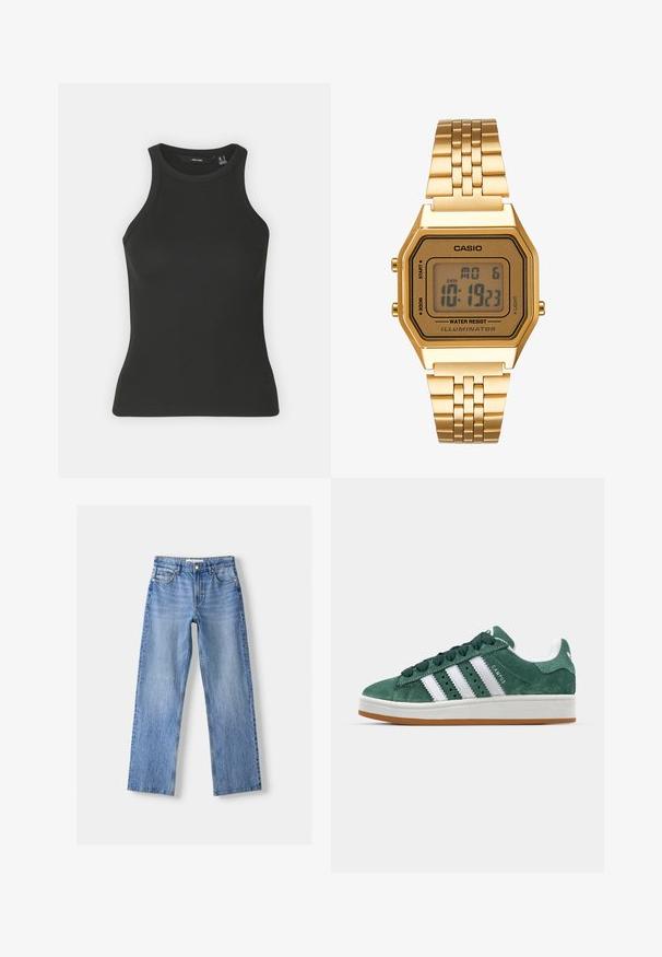 Čierny rebrovaný top bez rukávov s vysokým výstrihom. Má priliehavý strih a jemnú textúru.; Svetlomodré džínsy s rovnými nohavicami, ktoré majú päť vreciek, predné zapínanie na gombík a jemné opotrebovanie pre textúru.; Zelené semišové tenisky s bielymi koženými pruhmi, gumovou podrážkou, polstrovaným golierom a minimalistickým dizajnom. Obsahujú branding na boku.; Zlaté digitálne hodinky s obdĺžnikovým ciferníkom, LCD displejom, nerezovým pásikom a tlačidlami na boku. Obsahujú označenie vodeodolnosti.