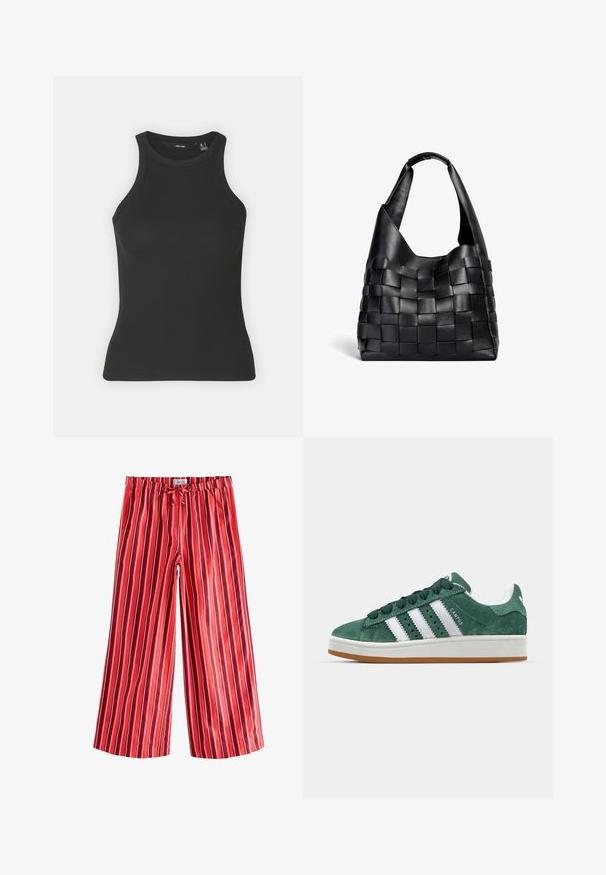 Musta ribbatun tank top, jossa on korkea pääntie ja hihaton muotoilu. Ominaisuuksiin kuuluu tiukka siluetti ja pehmeä tekstuuri.; Next ON STRIPE WIDE LEG - Housut - red; Vihreät samettiset lenkkarit, joissa on valkoiset nahkakaistat, kumipohja, pehmustettu kaulus ja minimalistinen muotoilu. Sivulla on brändäys.; Musta nahkainen punottu kassi, jossa on löysä muoto ja leveä olkahihna. Ominaisuuksina teksturoitu, kudottu muotoilu, jossa on sileä pinta.