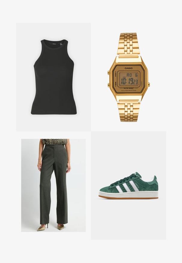 Zwarte geribde tanktop met een hoge halslijn en mouwloos ontwerp. Heeft een getailleerd silhouet en een zachte textuur.; Vrouw in hoge taille, donkergrijze rechte broek met een geruit topje en beige puntige hoge hakken, staand op een effen lichte achtergrond.; Groene suède sneaker met witte leren strepen, rubberen zool, gepolsterde kraag en een minimalistisch ontwerp. Bevat merkbranding aan de zijkant.; Gouden digitale klok met een rechthoekige wijzerplaat, LCD-display, roestvrijstalen band en knoppen aan de zijkant. Bevat een waterdicht label.