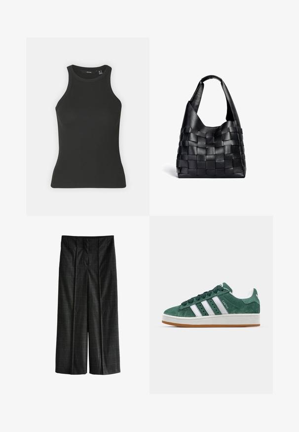 Fekete bordázott ujjatlan felső magas nyakkivágással. Jellemzője a formázott fazon és a puha textúra.; Sötét szürke kockás, bővített lábú nadrág, finom zöld és barna részletekkel. Elöl pliszézett és feszes derékrésszel rendelkezik.; Zöld nubuk sportcipő fehér bőr csíkokkal, gumitalppal, párnázott nyakkal és minimalista dizájnnal. Oldalán márkázással.; Fekete bőrből készült szőtt válltáska laza formával és széles vállpánttal. Jellemzője a texturált, összefonódott minta sima felülettel.