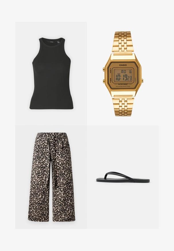 Musta ribbatun tank top, jossa on korkea pääntie ja hihaton muotoilu. Ominaisuuksiin kuuluu tiukka siluetti ja pehmeä tekstuuri.; Lepardikuvioiset leveälahkeiset housut, joissa on musta ja beige väri, pehmeä kangas ja joustava vyötärö mukavuutta varten.; Mustat varvastossut, joissa on minimalistinen muotoilu, litteä pohja, kapeat hihnat ja sileä pinta. Ei muita kuvioita tai koristeita.; Kultainen digitaalikello, jossa on suorakulmainen näyttö, LCD-näyttö, ruostumattomasta teräksestä valmistettu ranneke ja sivuilla olevat painikkeet. Varustettu vedenkestävä etiketti.