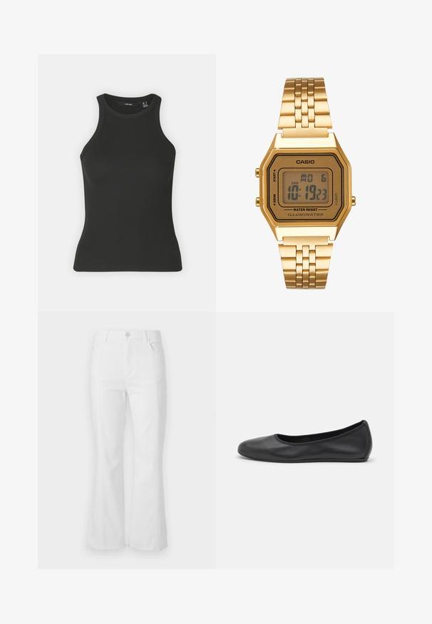 Must mustriba tank ülikond, millel on kõrge kaelus ja ilma varrukateta disain. Omab kaunist siluetti ja pehmet tekstuuri.; Valged flared teksad kõrge vöökohaga, küljetaskutega ja toore äärega. Valmistatud denimist, millel on sile tekstuur ja minimalsed õmbluse detailid.; Musthave mustika tantsutossud mustast nahast, ümmarguse varbaga, siledast tekstuurist, minimaalse õmblusdetailiga ja paindliku tallakujundusega.; Kuldne digitaalkell, millel on ristkülikukujuline nägu, LCD-ekraan, roostevabast terasest rihm ja küljel nupud. Sisaldab veekindluse märgistust.