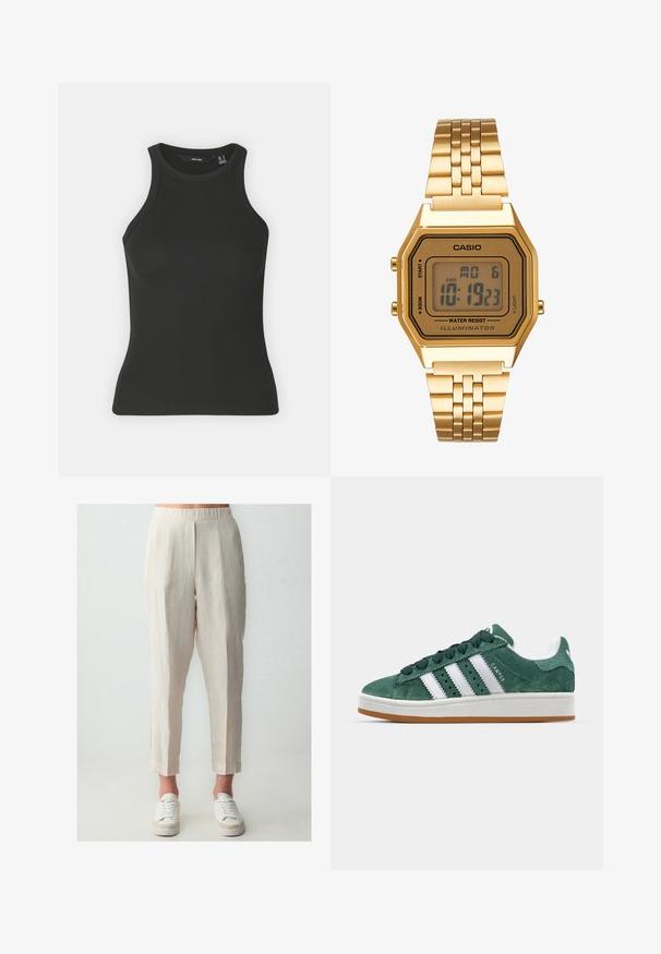 Schwarzes, geripptes Tanktop mit hochgeschlossenem Kragen und ärmellosem Design. Verfügt über eine figurbetonte Silhouette und eine weiche Textur.; Helle beige Leinenhosen mit einer lockeren Passform, featuring einen elastischen Bund, seitlichen Taschen und leicht zulaufenden Säumen. Kombiniert mit weißen Sneakers.; Grüne Wildleder-Sneaker mit weißen Lederstreifen, Gummisohle, gepolsterter Kragen und minimalistischem Design. Mit Branding an der Seite.; Goldene Digitaluhr mit quadratischem Ziffernblatt, LCD-Display, Edelstahlarmband und Tasten an der Seite. Verfügt über eine wasserdichte Kennzeichnung.