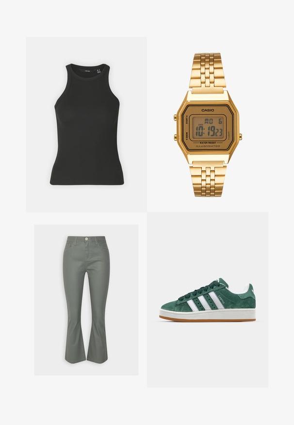 Juodas įrengtas marškinėliai su aukštu apykaklės iškirpimu ir be rankovių dizainu. Pasižymi prisitaikančiu siluetu ir švelnia tekstūra.; Pilkos džinsinės kelnės su išplatėjimu, priekyje esančiomis kišenėmis, užsegimu mygtuku ir šiek tiek blizgiu paviršiumi. Lygus audinys su kontrastinėmis siuvimo detalėmis.; Žalios zomšinės sportinės bateliai su baltomis odinėmis juostelėmis, guminėmis padangomis, paminkštintu kraštu ir minimalistiniu dizainu. Ant šono yra ženklas.; Auksinis skaitmeninis laikrodis su stačiakampiu ciferblatu, LCD ekranu, nerūdijančio plieno apyranke ir šoninėmis mygtukais. Yra nurodytas vandeniui atsparus ženklas.