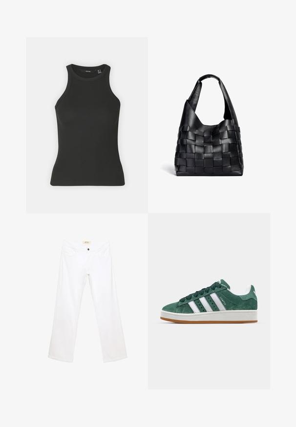 Crni rebrasti top bez rukava s visokom ovratnikom. Ima uski kroj i mekanu teksturu.; Bijele široke traperice od pamuka sa zatvaranjem na dugme i dizajnom s pet džepova. Glatka tekstura s prošivenim detaljima i ravnim siluetom.; Zelene nubuk tenisice s bijelim kožnim prugama, gumeni potplat, podstavljeni ovratnik i minimalistički dizajn. Ima oznaku branda sa strane.; Crna kožna torba za nošenje s pletenim uzorkom, opuštenog oblika i širokim remenom za ramena. Ima teksturirani, isprepleteni dizajn s glatkom završnom obradom.