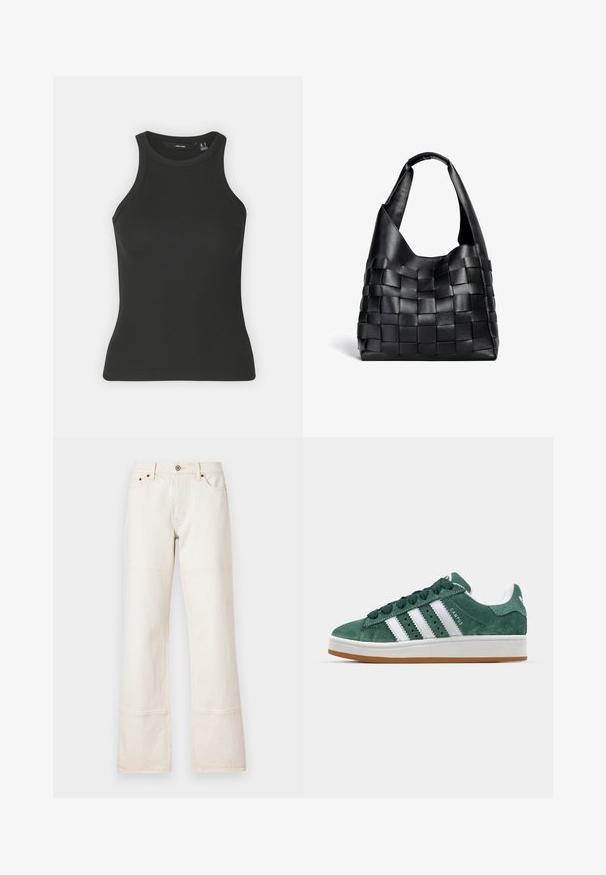 Top nero a costine con scollo alto e design senza maniche. Presenta una silhouette aderente e una texture morbida.; Jeans a gamba larga e vita alta in denim beige. Presentano tasche, chiusura anteriore con bottone e cuciture a contrasto lungo le cuciture.; Sneaker in suede verde con strisce in pelle bianca, suola in gomma, collarino imbottito e design minimalista. Presenta il marchio sul lato.; Borsa a spalla in pelle nera intrecciata con una forma morbida e ampio manico. Caratterizzata da un design testurizzato e intrecciato con una finitura liscia.