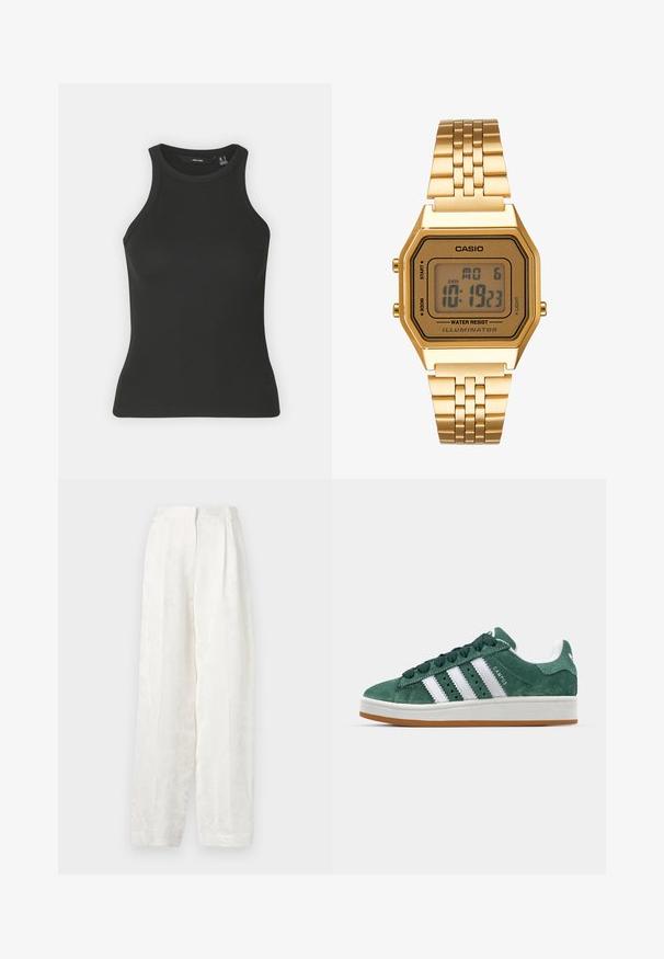 Fekete bordázott ujjatlan felső magas nyakkivágással. Jellemzője a formázott fazon és a puha textúra.; Fehér, bő szabású nadrág sima, texturált anyagból, amelyen finom virágmintázat és plissézéssel ellátott elülső kialakítás található.; Zöld nubuk sportcipő fehér bőr csíkokkal, gumitalppal, párnázott nyakkal és minimalista dizájnnal. Oldalán márkázással.; Arany színű digitális óra téglalap alakú számlappal, LCD kijelzővel, rozsdamentes acél szíjjal és oldalsó gombokkal. Vízálló felirat található rajta.