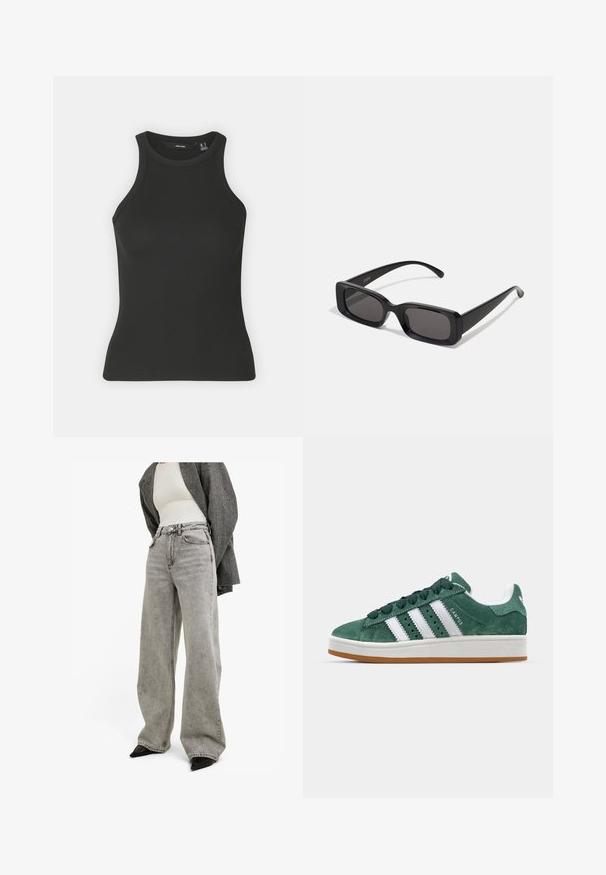 Musta ribbatun tank top, jossa on korkea pääntie ja hihaton muotoilu. Ominaisuuksiin kuuluu tiukka siluetti ja pehmeä tekstuuri.; Vaaleanharmaat leveät farkut, jotka on valmistettu denimistä, joissa on korkea vyötärö, etutaskut ja näkyvät ompeluyksityiskohdat, yhdistettynä mustiin kenkiin.; Vihreät samettiset lenkkarit, joissa on valkoiset nahkakaistat, kumipohja, pehmustettu kaulus ja minimalistinen muotoilu. Sivulla on brändäys.; Mustat suorakaiteen muotoiset aurinkolasit, joissa tummat linssit, kiiltävä pinta, leveät sangan varret ja massiivinen kehysmuotoilu. Yhden sangansivun kaiverrettu brändinimi.; Kultainen digitaalikello, jossa on suorakulmainen näyttö, LCD-näyttö, ruostumattomasta teräksestä valmistettu ranneke ja sivuilla olevat painikkeet. Varustettu vedenkestävä etiketti.