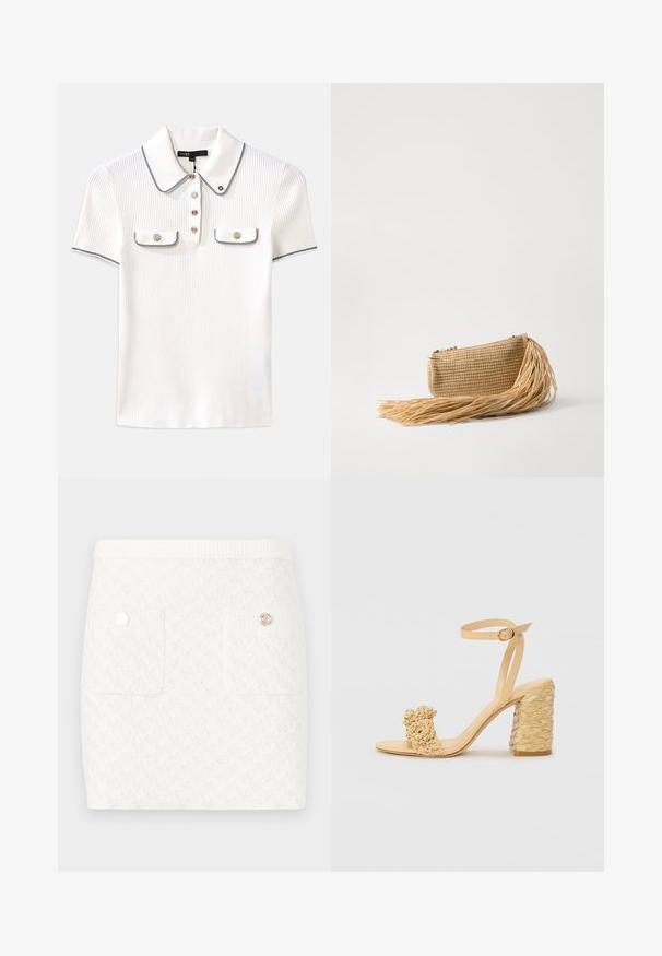 Weißes, geripptes Poloshirt mit Kragen, versehen mit marineblauen Akzenten, goldenen Knöpfen und zwei kleinen Klappentaschen auf der Vorderseite.; Kurzer weißer Rock mit strukturiertem Muster, ausgestattet mit zwei Fronttaschen und dekorativen Knöpfen in Goldoptik. Elastischer Bund für zusätzlichen Komfort.; Beige High-Heel-Sandale mit geflochtener Textur, dekorativer Blume und Knöchelriemen. Der quadratische Absatz sorgt für Stabilität.; Cult Gaia VIERA - Clutch - natural