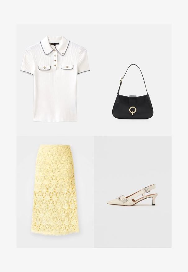 Polo blanc à côtes avec col, présentant des bordures bleu marine, des boutons dorés et deux petites poches à rabat à l'avant.; Jupe midi au crochet jaune avec des motifs floraux en étoiles, présentant un ourlet festonné et une finition texturée. Taille élastique pour un bon ajustement.; Escarpin en cuir blanc à bout pointu, petit talon et bride réglable avec un détail de boucle en argent bien en vue.; Sac à main en cuir noir avec une silhouette arrondie, une courte bandoulière, un matériel doré central et une texture lisse. Aucun motif ni accent visible.