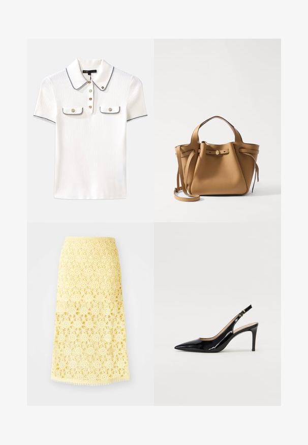 Polo blanc à côtes avec col, présentant des bordures bleu marine, des boutons dorés et deux petites poches à rabat à l'avant.; Jupe midi au crochet jaune avec des motifs floraux en étoiles, présentant un ourlet festonné et une finition texturée. Taille élastique pour un bon ajustement.; Pompe slingback en cuir verni noir avec un bout pointu, un talon fin et un design de découpes subtil. Elle dispose d'une boucle dorée sur la sangle.; Tory Burch ROMY PEBBLED SATCHEL - Sac à main - tiramisu