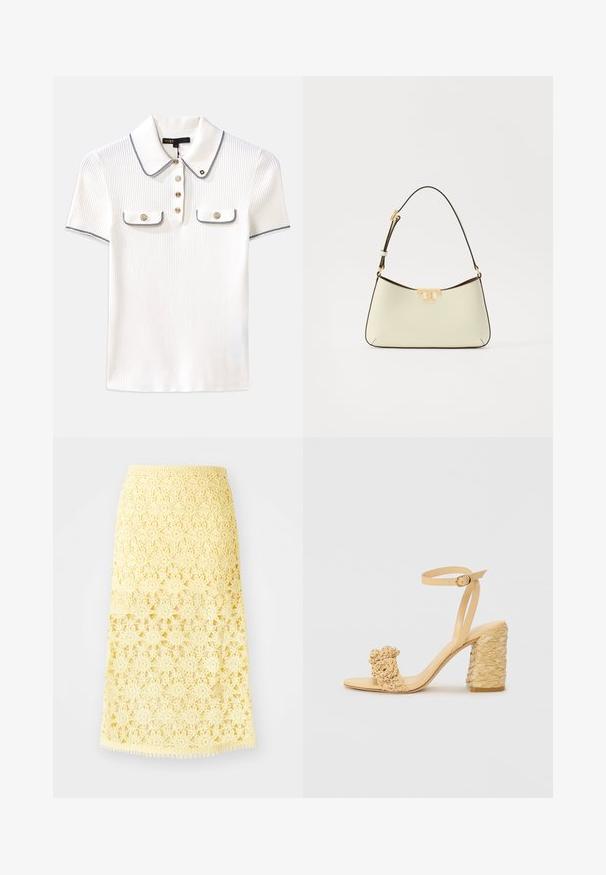 Polo blanc à côtes avec col, présentant des bordures bleu marine, des boutons dorés et deux petites poches à rabat à l'avant.; Jupe midi au crochet jaune avec des motifs floraux en étoiles, présentant un ourlet festonné et une finition texturée. Taille élastique pour un bon ajustement.; Sandale à talons hauts beige avec une texture tressée, ornée d'une fleur décorative et d'une bride à la cheville. Le talon carré ajoute de la stabilité.; Sac à main en cuir de couleur crème avec une forme arrondie. Doté d'un accent logo doré et d'une fine bandoulière sombre et réglable.