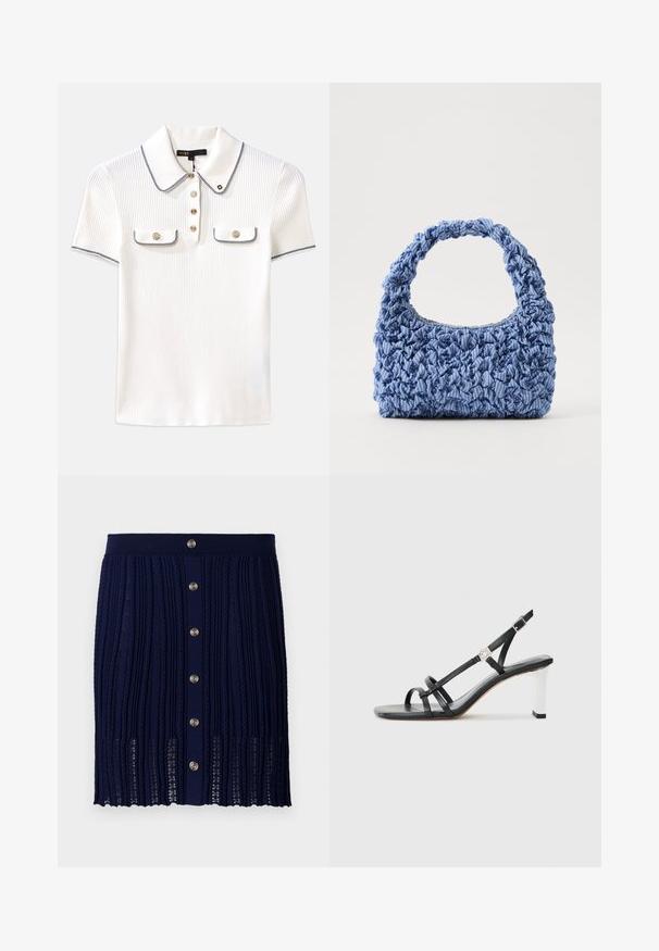 Hvit ribbet polo-skjorte med krage, med marineblå kant, gullknapper og to små klaffelommer foran.; Maje JITOURA - Miniskjørt - marine; Svarte hæler med flere smale stropper, slinga bak og sølvfarge på hælen. Glatt overmateriale og firkantet hæl.; Blå stoffhåndveske med en samlet tekstur og tykk, rynket håndtak. Har subtile stripete mønstre gjennom hele. Kompakt rektangulær form.