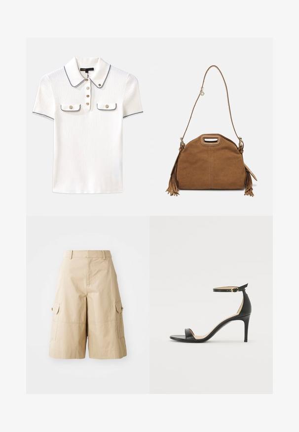 Polo shirt bianco a coste con colletto, presenta rifiniture blu navy, bottoni dorati e due piccole tasche a patta sul davanti.; Pantaloni cargo beige realizzati in tessuto leggero, con due tasche laterali, una parte frontale piatta e una vestibilità comoda.; Sandal in pelle nera con tacco alto e cinturino alla caviglia. Caratteristiche: texture liscia, punta aperta e tacco sottile. Dettaglio con fibbia tono oro.; Maje Borsa a tracolla - camel