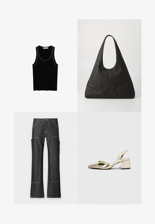 Črna rebrasta majica s širokim izrezom in tanjšimi belimi šivi ob robovih. Narejena iz mehke, teksturirane tkanine.; Temno jeans hlače s kontrastnim belim šivom, z več žepe in obliko razširjene noge. Trpežna tkanina in kovinska zaponka.; Zlati, kovinski slingback čeveljci z ostrim nosom in masivnim peto. Gladka tekstura, minimalistična zasnova in ozka zanka.; Črna usnjena torba z zavitim ročajem, podolgovate triangularne oblike in gladko teksturo. Zasnova je minimalistična, brez vidne opreme.; Mango Verižica - gold-coloured