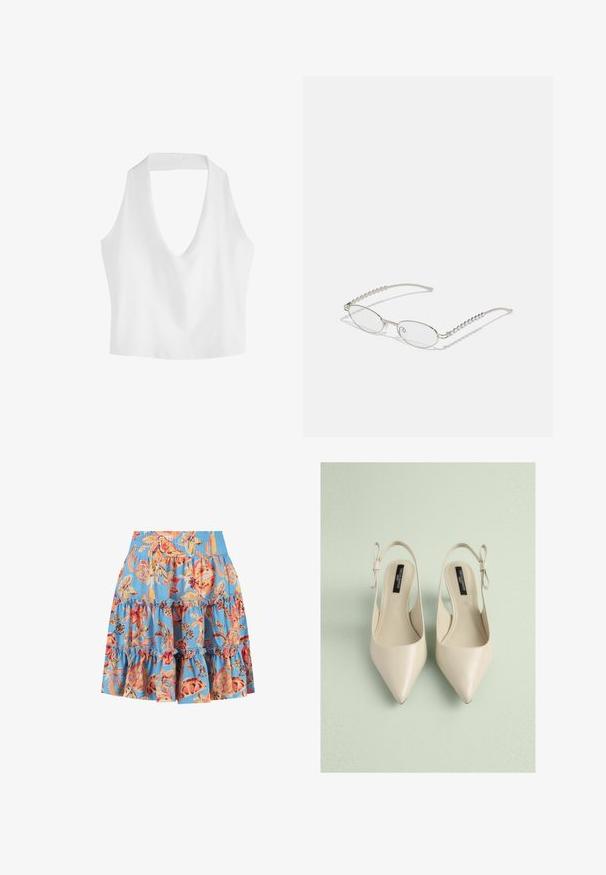 Balta be rankovių crop top marškinėliai su giliais V formos iškirpimu, pagaminti iš lygaus audinio, turintys paprastą, minimalistinį kirpimą.; Mėlynos spalvos gėlių rašto kelnių sijonas su volanais ir elastinga juosmeniu. Spalvos apima oranžinę, geltoną ir juodas detales.; Smėlio spalvos sužymėti bateliai su atviru kulnu, pagaminti iš lygaus odos paviršiaus, su kaspinu ant kulno ir atviru dizainu nugaroje.; Ovalios akiniai su metaliniu sidabriniu rėmu, skaidriais objektyvais ir tekstūruotais karoliukų akcentais ant šventyklų. Lengvas dizainas su kreivomis šakėmis.