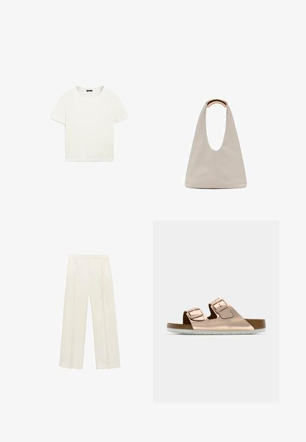 Biała krótka koszulka wykonana z miękkiej bawełny, z okrągłym dekoltem i krótkimi rękawami, o gładkiej fakturze, bez wzorów i ozdób.; Spodnie o szerokich nogawkach w jasnym kolorze kremowym. Wykonane z gładkiego materiału, z plisami z przodu i bocznymi kieszeniami.; Różowe złote klapki na płaskiej podeszwie z dwiema regulowanymi metalowymi klamrami, korkową wkładką i białą gumową podeszwą. Gładkie metaliczne wykończenie, otwarty przód.; Jasnoszara skórzana torba o kształcie litery U z zakrzywionym metalowym uchwytem. Gładka tekstura z minimalnymi szwami i bez widocznych wzorów.