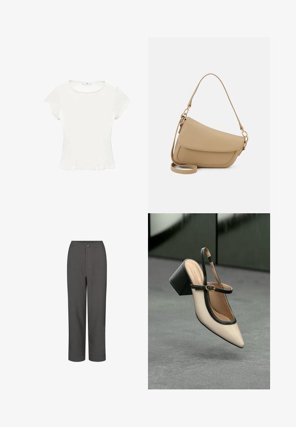 Witte korte mouw top met een ronde halslijn, soepele textuur, aansluitend ontwerp en stikdetails langs de zijkanten. Geen zichtbare patronen of accenten.; Grijze pantalon met een recht model, een gladde textuur, een sluiting met knoop aan de voorkant en omgeslagen pijpen voor een nette uitstraling.; Beige puntige slingback schoen met zwarte rand, gouden gesp en een chunky blokhak op een grijze vloer met een donker groene achtergrond.; Even&Odd Handtas - beige