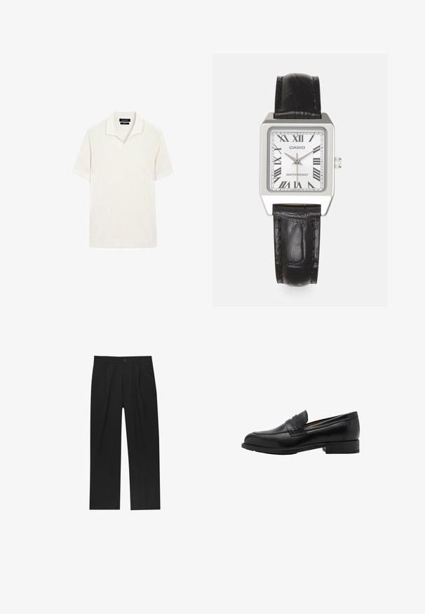 Kortærmet polo skjorte i cremefarve med ribbet tekstur og flad krave. Har en lige kant og blødt materiale for komfort.; Sorte bukser med lige ben, lavet af et glat stof. Har frontfolder og en enkelt knaplukning i taljen.; Sorte læder loafers med en syet front og flad hæl. Glat tekstur med en afrundet tå og en dekorativ rem hen over vristen.; Sølv firkantet ur med hvid skive, sorte romerske cifre og teksten "VANDTÆT". Sort læderrem med struktureret overflade.