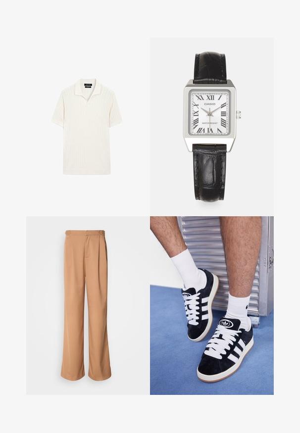 Koszulka polo z krótkim rękawem w kolorze kremowym, o ryżowym splocie i płaskim kołnierzyku. Posiada prosty dół oraz miękki materiał dla wygody.; Krótkie spodnie o szerokich nogawkach wykonane z gładkiego, beżowego materiału z plisami z przodu i metalowymi akcentami w pasie.; Czarne zamszowe sneakersy z białymi sznurówkami i trzema białymi paskami. Posiadają okrągłe czarne logo na języku i gumową podeszwę.; Srebrny kwadratowy zegarek z białą tarczą, czarnymi cyframi rzymskimi i napisem "ODPORNY NA WODĘ". Czarny skórzany pasek o fakturowanej powierzchni.