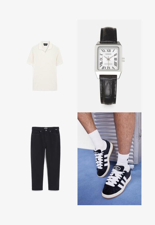 Korte mouwen polo shirt in crème met geribbelde structuur en een vlakke kraag. Heeft een rechte zoom en een zachte stof voor comfort.; Zwarte corduroy broek met een rechte pasvorm, vijf zakken, een knoopsluiting en een subtiele ribbelstructuur.; Zwarte suède sneakers met witte veters en drie witte strepen. Heeft een cirkelvormig zwart logo op de tong en een gumrubberen zool.; Zilveren vierkante horloge met een witte wijzerplaat, zwarte Romeinse cijfers en de tekst "WATER RESIST". Zwarte leren band met een gestructureerde afwerking.