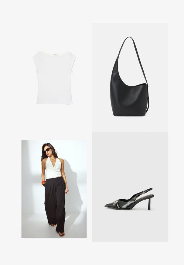 Bela prilegajoča majica s kratkimi rokavi, izdelana iz lahkotnega bombaža, z širokim izrezom in gladko teksturo brez vzorcev.; Bela halter majica z drapirano dekoltejem v kombinaciji z črnimi širokimi hlačami. Dodatki vključujejo rdeče in prozorne zapestnice ter velike črne sončne očala.; Črne patentne usnjene sandale s koničastim nosom, zankami okoli gležnja s srebrnimi sponkami in opremo ter vitkimi petami.; Črna usnjena hobo torba z gladko teksturo, ukrivljeno obliko in eno nastavljivo naramnico; ima širok odprtina na vrhu.; Srebrne obročaste uhane z gladkim, okroglim dizajnom in poliranim zaključkom. So tanke in lahke, z enostavnim zapiranjem na sponko.