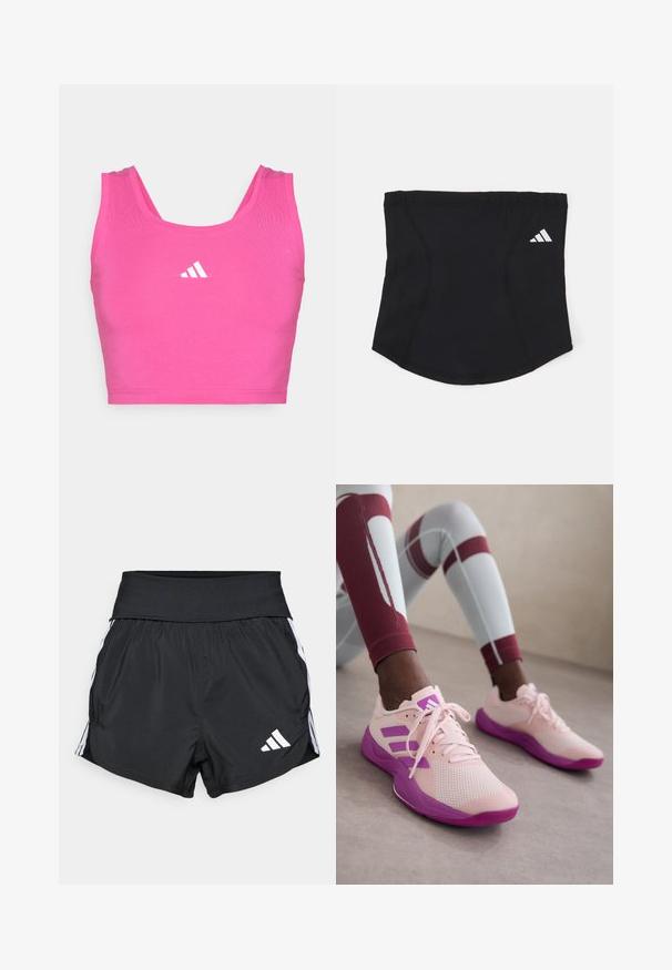 Pink sports crop top made of stretchy fabric. Features a rounded neckline and wide straps. Includes a white Adidas logo on the front.; Black athletic shorts made of lightweight material, featuring a wide waistband, white side stripes, and a small white logo on the lower hem.; adidas Performance RAPIDMOVE  - Training shoe - sandy pink/purple burst; Black athletic headband with a smooth texture, curved shape, and elastic top. Features a small white Adidas logo on the side.