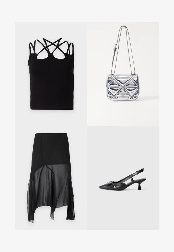 Sort ribbet top med flere krydsende stropper på ryggen. Stoffet er glat med en tætsiddende silhuet og en rund halsudskæring.; AVAVAV DRAPED SKIRT - A-snit nederdel - black; Sort lædersandal med spids tå, dekorative stropper med metaløjer og en lav blokhæl. Struktureret overflade.; Metallic sølv crossbody taske med geometrisk quiltet design, flad klap og justerbar skulderrem med sølv hardware detaljer.